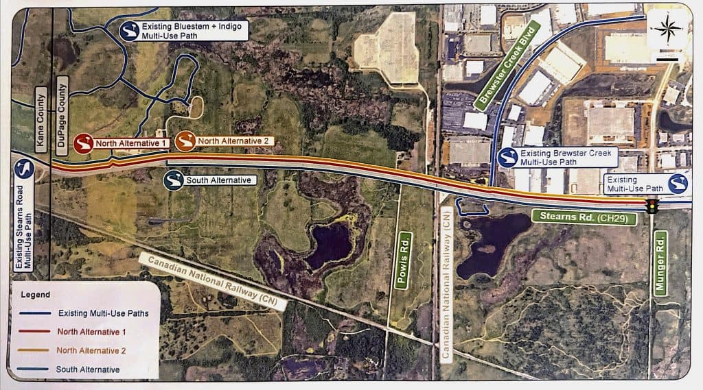 Multi-use biking paths and bike route alternatives in suburban Chicago, featuring Blue Stem + Indigo, Brewster Creek, Stearns Road, and Canadian National Railway.