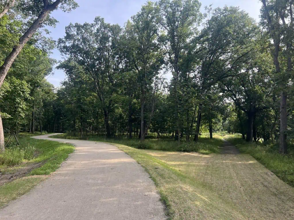 Scenic bike trail through lush green trees in suburban Chicago area.